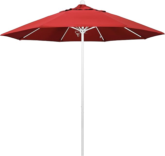 California Umbrella 9' Round Aluminum/Fiberglass Umbrella, Push Open, White Pole, Olefin Red Fabric
