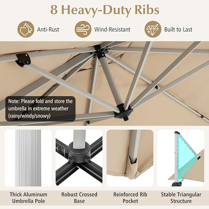 Cantilever Patio Umbrella Aluminum Offset Umbrella with 360-Degree Rotation & Adjustable Tilt, Large Patio Offset Umbrella for Garden, Pool, Backyard & Deck