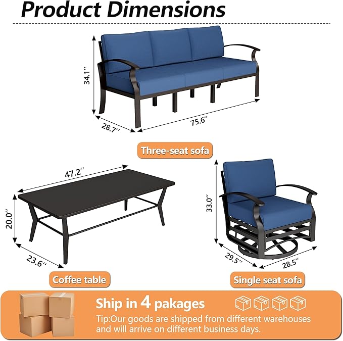 Aluminum Patio Furniture Set with Coffee Table,5 Seats Metal Modern Outdoor Furniture Set w/5.1" Thick Cushions,Patio Sectional w/Swivel Chairs for Backyard,Patio,Navy