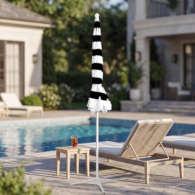 6.5Ft Valance Beach Umbrella, Classic Scalloped Fringe Umbrella with Push Button Tilt, UPF50+ Portable Outdoor Umbrellas with Carry Bag for Patio Garden Pool