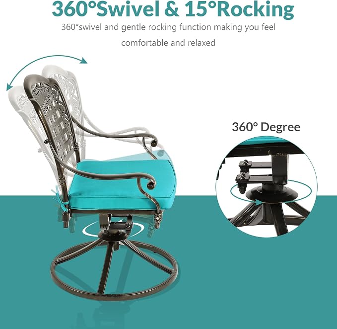 MEETWARM 9-Piece Outdoor Patio Dining Set, All-Weather Cast Aluminum Patio Conversation Set with 6 Stationary, 2 Swivel Rocker Chairs, 1 Oval Table, 8 Cushions, 2" Umbrella Hole, Ocean Blue