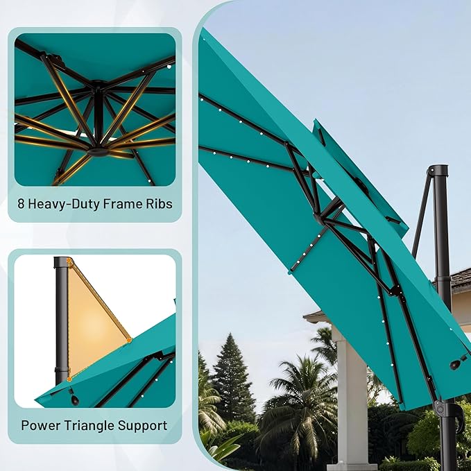 AreShark 10×10FT Solar LED Cantilever Umbrella, Double-Top Outdoor Patio Offset Umbrella with 360 Degree Rotation, Large Square Canopy with Lights for Garden Deck Pool, Turquoise Blue