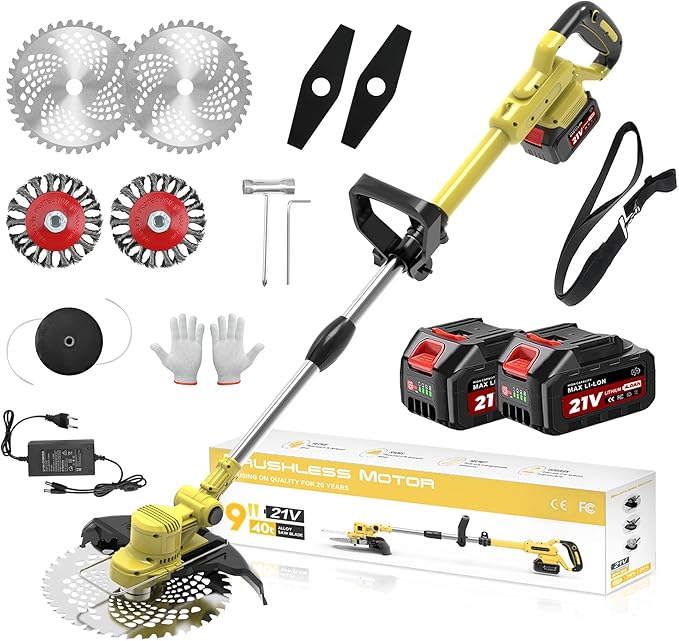 Electric Weed Wacker Cordless, Battery Powered Weed Eater String Battery, 21V Electric Weed Eater, for Lawn, Bush Trimming(with 2 x 4.0Ah Batteries and Fast Charger Included)（Huang）