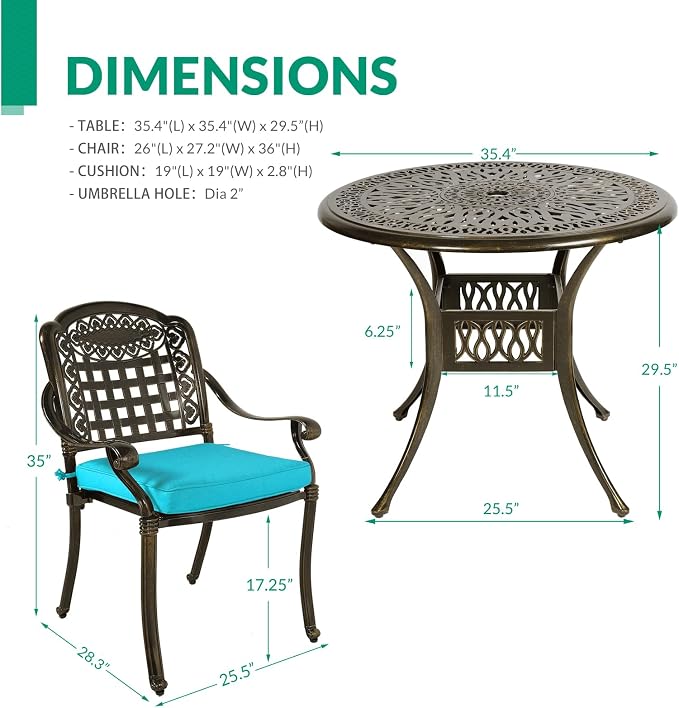 VIVIJASON 5-Piece Patio Furniture Dining Set, All-Weather Cast Aluminum Outdoor Conversation Set, Include 4 Cushioned Chairs and a 35.4" Round Table w/Umbrella Hole, Ocean Blue Cushion