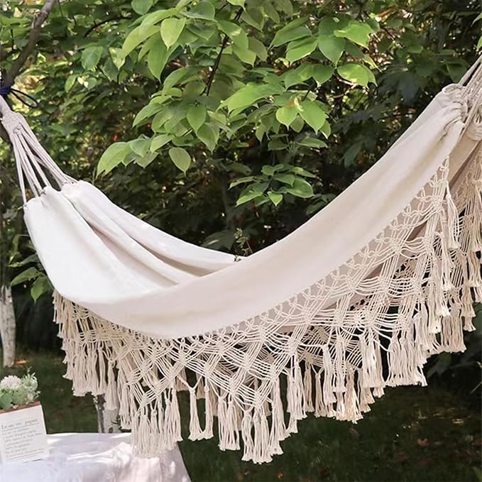 Boho Macrame Hammock with Tassels Patio, 400 lbs Portable Hammock with Travel Bag for Porch Patio Bedroom Balcony Outdoor Indoor (79 * 59'')