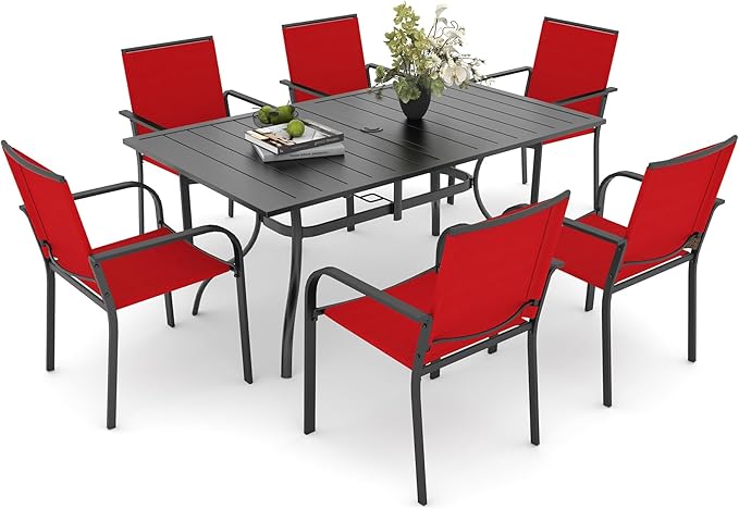 Anmutig 7-Piece Outdoor Dining Set, Powder Coated Steel Table with 6 Stackable Chairs, Red Textilene, 63 x 38 Inch Table