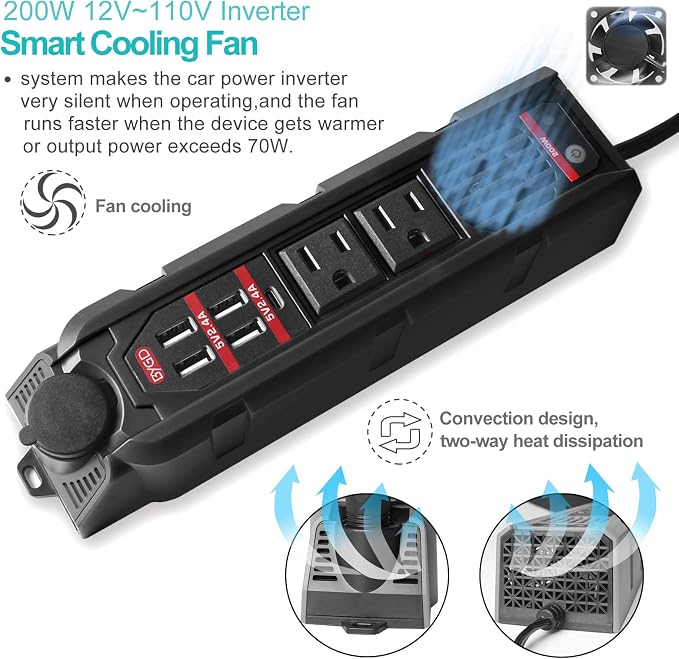 BYGD 200W Car Power Inverter for Vehicles, DC 12V to 110V AC Car Plug Adapter Outlet Converter with Type-C Port, Cigarette Lighter Socket, 2 AC Outlets, 4 USB Quick Charging Ports for Electronics