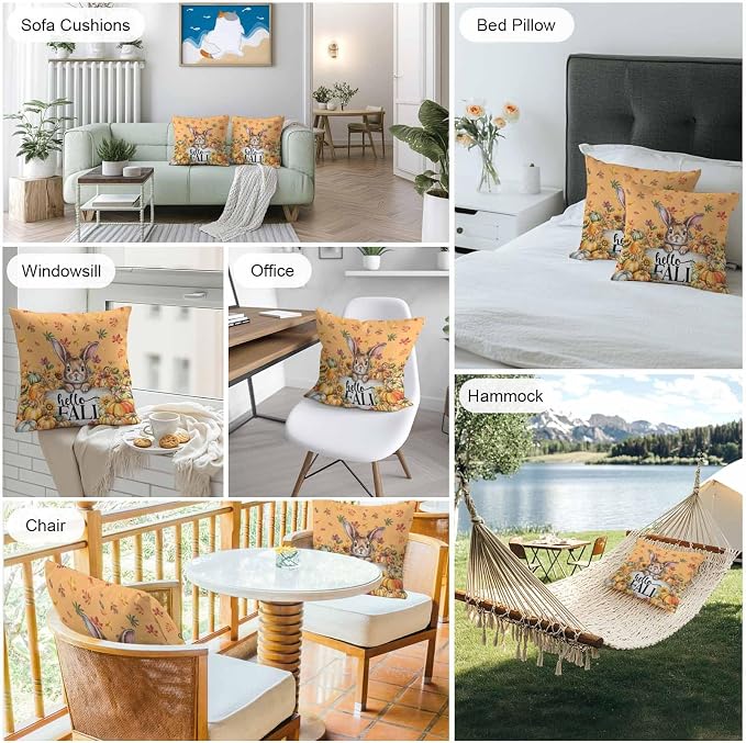 Thanksgiving Rabbit Outdoor Waterproof Pillow Covers, Orange Pumpkins Fall Leaves Flowers Decorative Square Throw Pillowcase Sofa Cushion Sham for Patio/Couch/Chair, 18"x18" 2 Pack