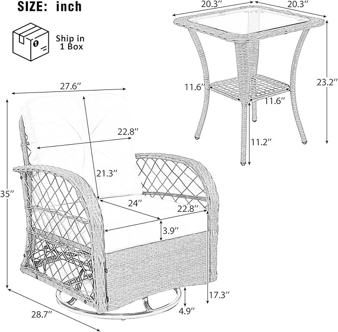 3-Piece Outdoor Chair&Table Set Chat Set, Patio Wicker Chairs Swivel Rocker, Patio Conversation Set with Two Swivel Chairs and a Square Table, 2-Person Rattan Seating Groupfor Deck Backyard, Brown