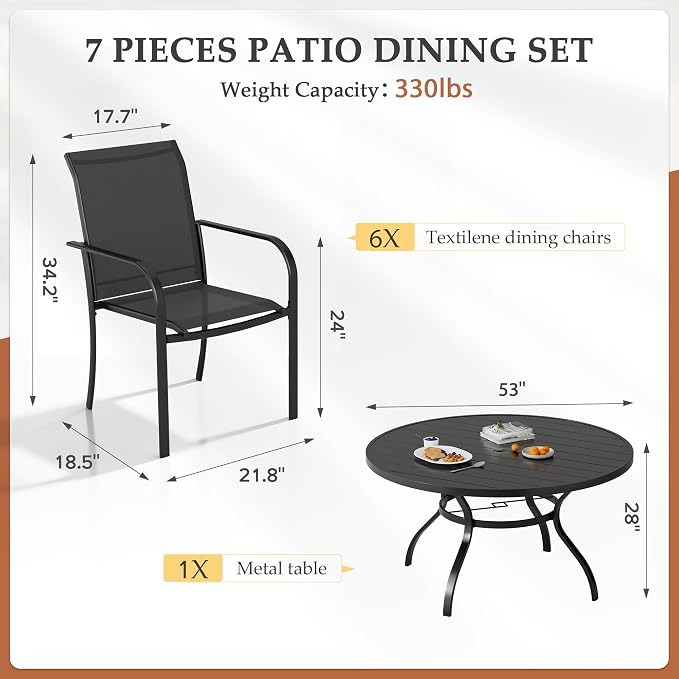7-Piece Patio Dining Set,6 Person Outdoor Table and Chairs Set, 6 Metal Dining Chairs and Round Outdoor Table with 1.57" Umbrella Hole,Black