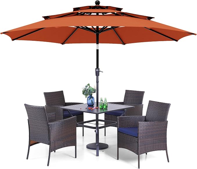 PHI VILLA 5pc Patio Dining Set with Umbrella, Square Table, Rattan Chairs | Outdoor Dining Set for 4, 37" Metal Table & 4 Cushioned Rattan Chairs with Red Umbrella for Outdoor, Deck, Yard, Porch