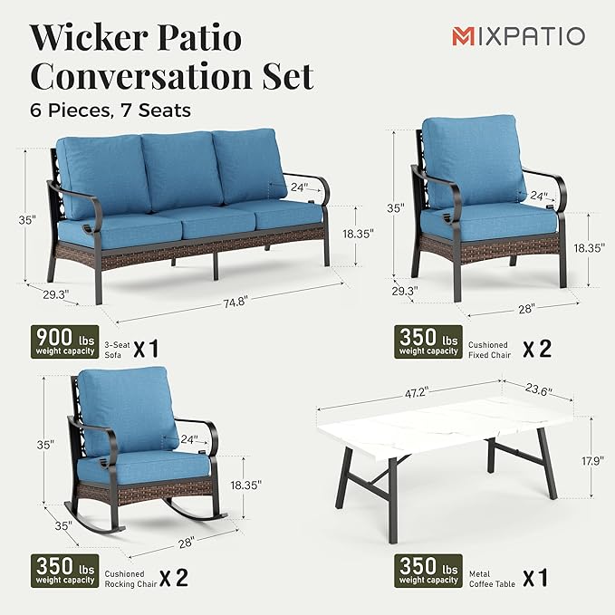 Patio Furniture Set with Fire Pit Table, Metal Outdoor Conversation Set with 5.75'' Extra Thick Cushion, 2 Rocking Chairs, 2 Leg Chairs, 3-Seat Sofa and Gas Fire Pit Table, Navy Blue