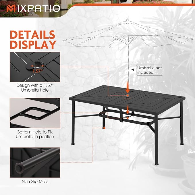 MIXPATIO 7 Pieces Patio Table and Chairs Set, Patio Dining Set for 6, 6 Textilene Chairs and 1 Metal Rectangle Dining Table with Umbrella Hole, for Deck Backyard Lawn Poolside, Blue