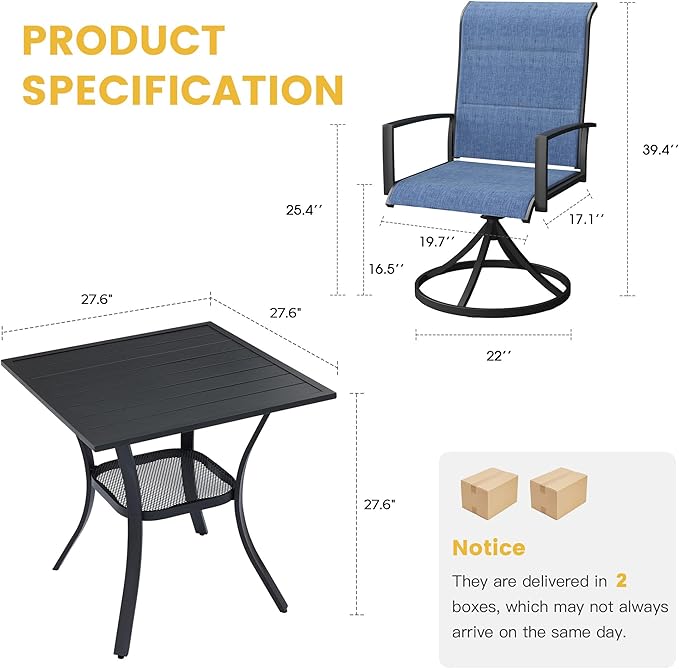 VICLLAX 3 Pieces Small Patio Table and Swivel Chairs for 2, All Weather Patio Dining Set for, Black Tabletop and Blue Fabric