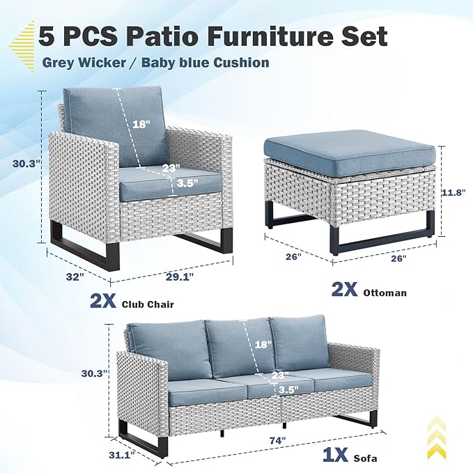 Belord Wicker Patio Furniture 5 Piece Outdoor Sofa Set, Oversize Outdoor Dining Chairs with Rattan Ottomans, Conversation Sets Patio Furniture Come with Removable Washable