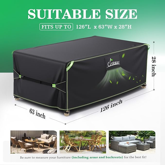UIRWAY Patio Furniture Covers Waterproof - 126" L x 63" W x 28" H, Outdoor Furniture Set Covers Rectangular, Heavy Duty 420D Weatherproof Outdoor Couch Shield with Reflective Strips