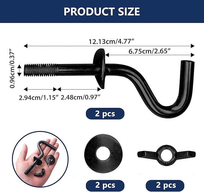 2 Pack Heavy Duty Hammock Hooks, Galvanized Metal Replacement Hardware for Hammock Stand, Fits 1-1/4 to 2 Inch Poles, 3/8 Inch Diameter S-Hooks for Indoor Outdoor Patio Swing & Chair（Black）