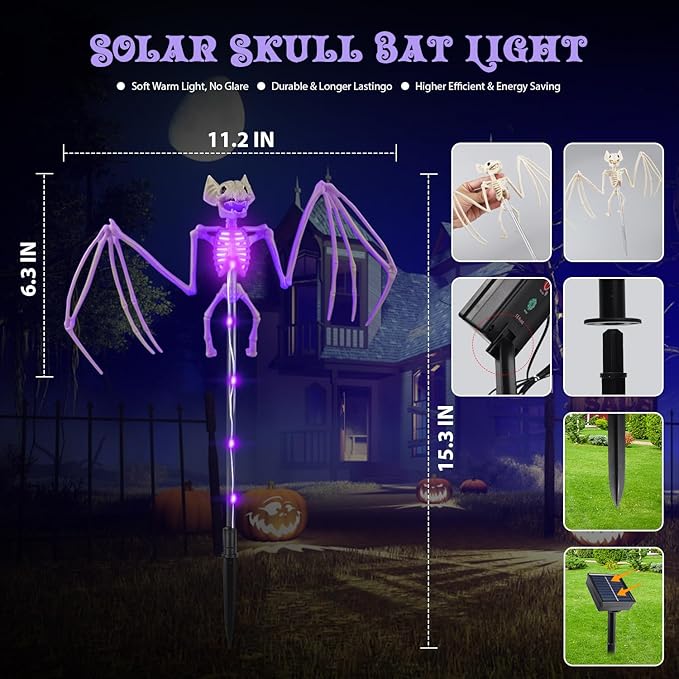 Halloween Decorations Outdoor Solar Garden Lights,2PCS of Set 3D Scary Bat Realistic Skeleton Outside Decor,Solar Creepy Bats Path Lights for Grave/Yard/House/Halloween Party Gifts Decor Purple