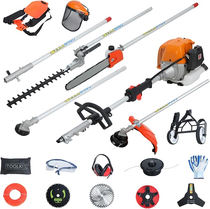Gas Weed Wacker, 52cc Gas Weed Eater for 2 Stroke, 13 inch Gas Powered String Trimmer with 3 T Blade and Long Rod (8 in 1)