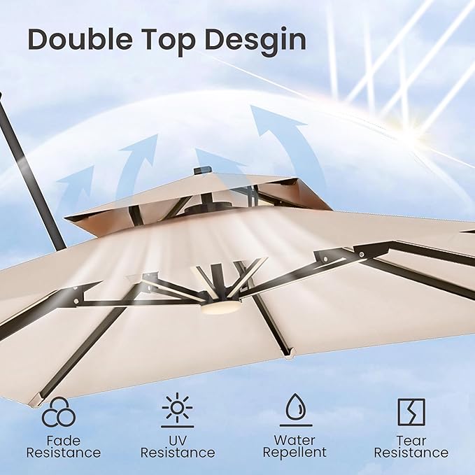 9x12 FT Cantilever Patio Umbrella with Led Lights Double Top Outdoor Rectangular Large Heavy Duty Aluminum Offset Umbrellas with 7 Level Tilt 360-degree Rotation for Pool Garden Deck, Beige