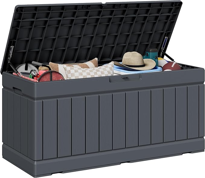 JUMMICO 78 Gallon Outdoor Deck Box Large Resin Storage Box for Patio Furniture Cushions, and Garden Tools (Gray)