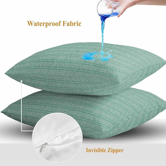 Outdoor Waterproof Throw Pillow Covers Set of 2 Green Stripes Grain Pillowcases 18x18 Inches Solid Color Decorative Pillows Cushion Case Patio Pillows for Couch Bed Chair Garden