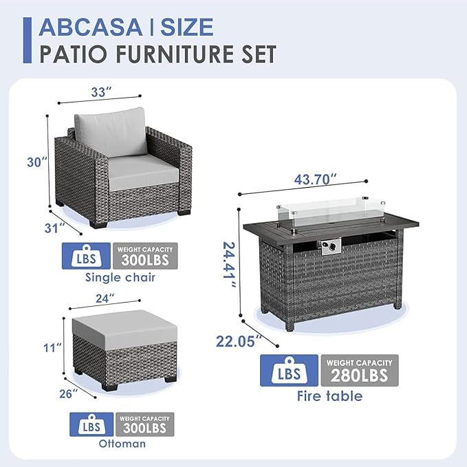 ABCASA 9-Piece Patio Furniture Set with Fire Pit Table | Indoor Comfort for Outdoor Living | Weather-Resistant Wicker & Ultra-Thick Cushions | Grey Patio Conversation Set for Deck, Porch, Poolside