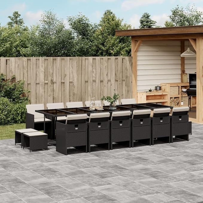 17 Piece Patio Dining Set with Cushions Black Poly Rattan Outdoor Furniture for 12 People Garden Aluminum Table Heavy Duty UV Protection Foldable Chairs