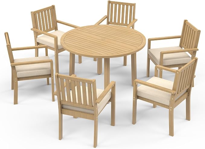 FansaFurn 7 Pieces Acacia Outdoor Patio Table and Chairs Set for All-Weather, Outside Furniture with Table Umbrella Hole and Removable Cushion for 6, Patio Table Set for Patio, Garden, Brown