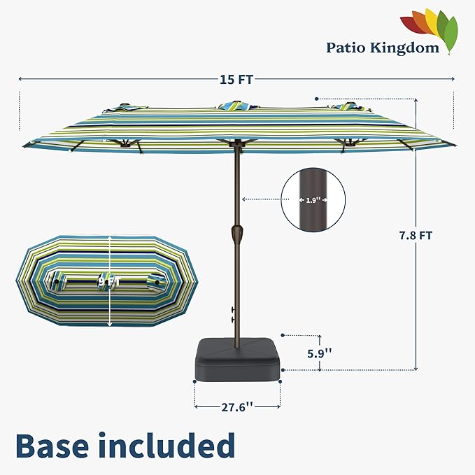 15FT Double Sided Patio Umbrella with Base Included Large Outdoor Market Umbrella with Crank Handle, UV Resistant Canopy, Sturdy Frame for Garden, Poolside, Deck, Green Stripes