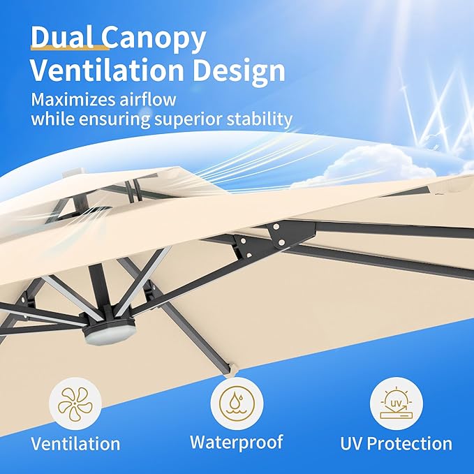 10 X 13 FT Cantilever Patio Umbrella with Led Lights Outdoor Rectangle Offset Large Double Top Heavy Duty Umbrellas with 360°Rotation for Pool Deck Backyard Garden, Beige