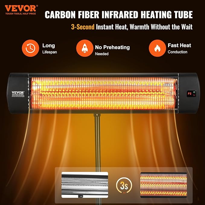 VEVOR Infrared Heater, 1500W Remote Control Electric Space Heater, LED Screen Patio Heater w/ 3 Speeds & Timer, Outdoor/Outdoor for Porch,Dining Room,Studio, with Stand & Mount to Ceiling/Wall,24 in L
