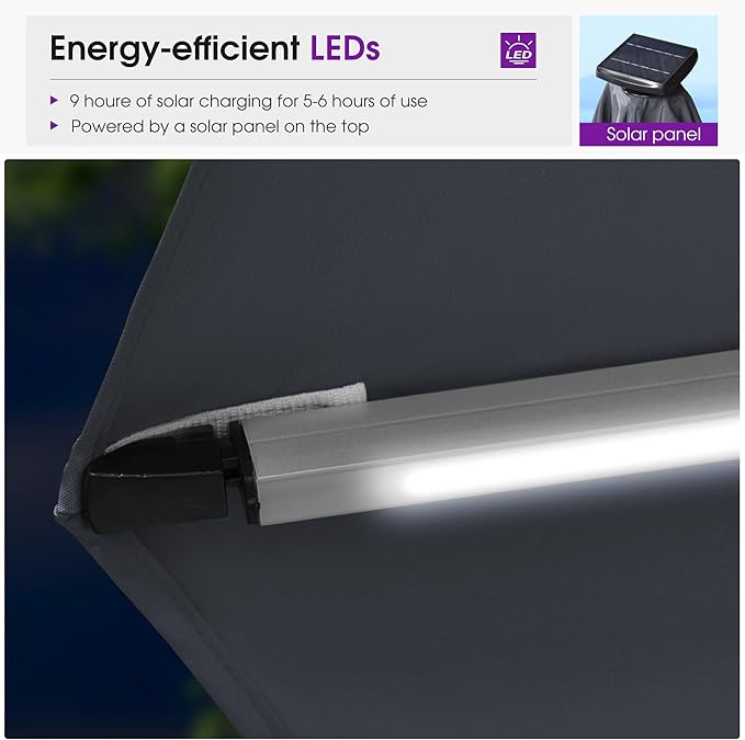 PURPLE LEAF Cantilever Umbrella with Base 13ft Outdoor Round Patio Solar Powered LED Umbrella with 360-degree Rotation for Garden Deck Pool Patio, Grey