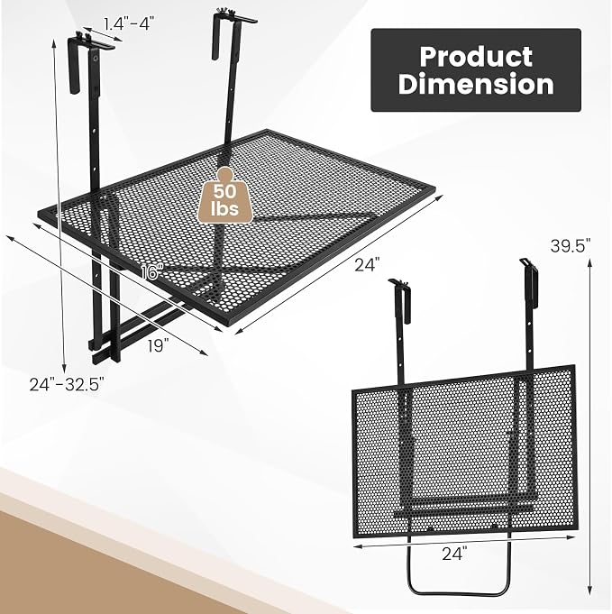 Giantex Outdoor Folding Hanging Table with 5-Level Height, Anti-Rust Coated, Suits for 1.4” -4” Railings, Space-Saving Balcony Side Railing Table for Indoors Outdoors