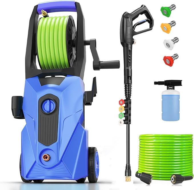 Electric Pressure Washer 5000PSI Portable with 33FT Hose Reel, 4 Nozzle Set for Home/Cars/Fences/Windows, Deep Blue