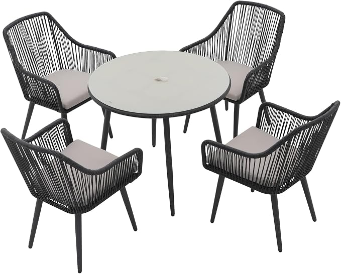 Patiorama 5-Piece Patio Dining Set, Outdoor Dining Table Chair Set, All-Weather Twisted Rattan Wicker Rope Conversation Set, Patio Furniture Set w/Umbrella Hole, 4 Cushioned Chairs&Glass Table(Black)