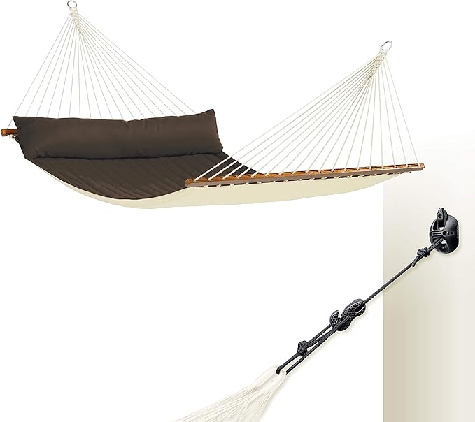 LA SIESTA® Alabama Quilted Hammock with Spreader Bar & CasaMount, Suspension Kit for Walls Ceilings & Square Beams - Portable Weatherproof Outdoor Hammock 2 Person Double Hammock Bed -XL King, Arabica