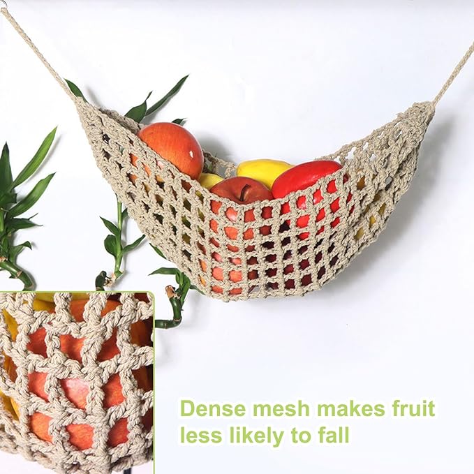 2Pcs Macrame Fruit Hammock, Cotton Fruit Holder Net, Under Cabinet Veggie Storage Space Saving Kitchen Decor with Hooks