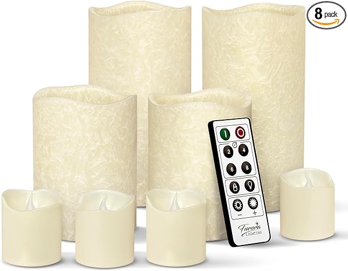 FURORA LIGHTING Ivory Crystallized Real Wax Flickering Candles with Remote and Timer, 4 Pillars and 4 Votives Pack of 8 for Home Décor, Battery Included
