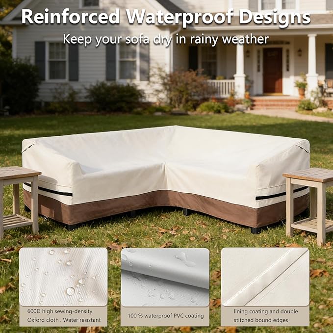 okcool Outdoor Sectional Sofa Cover Waterproof-V-Shaped Patio Furniture Covers for 7-Seater Outdoor Sectional Furniture Couch（105''X105''）,Beige & Brown