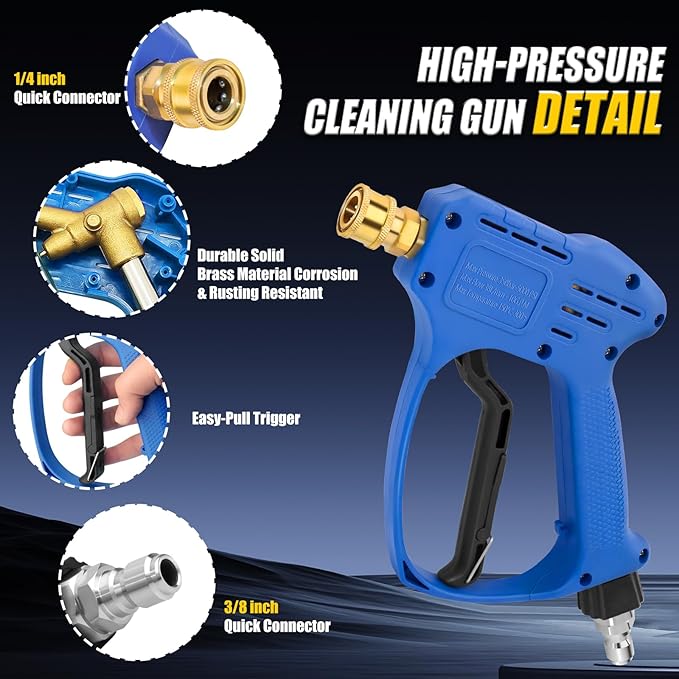 Stubby Swivel Pressure Washer Gun - 5000 PSI / 10 GPM with 3/8" Male Plug and 1/4” Quick Connector and M22-14mm M22-15mm Connector Comprise 5 Nozzle Tips - Compatible with Foam Cannon