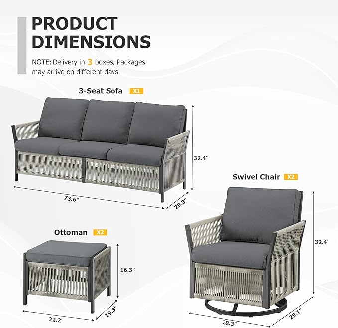 Outdoor Patio Furniture Set, 2025 New Patio Conversation Sets, All-Weather Wicker Outdoor Furniture, High Back Swivel Patio Chairs for Porch Deck Balcony (Grey)
