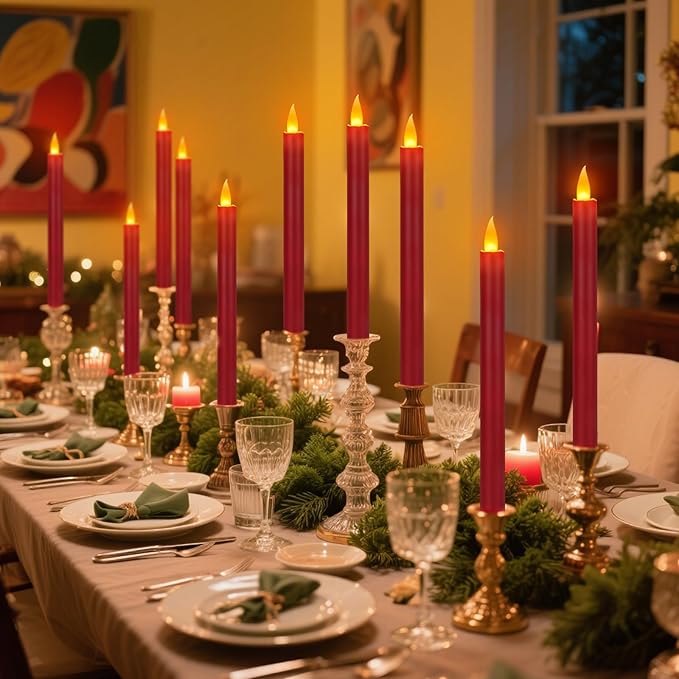 wemarry Flameless Taper Candles 10" Dripless Battery Operated Taper Candles Included Remote Timer 400+ Hours by 2AA Batteries for Halloween Christmas Wedding (Burgundy, 6 Pack)