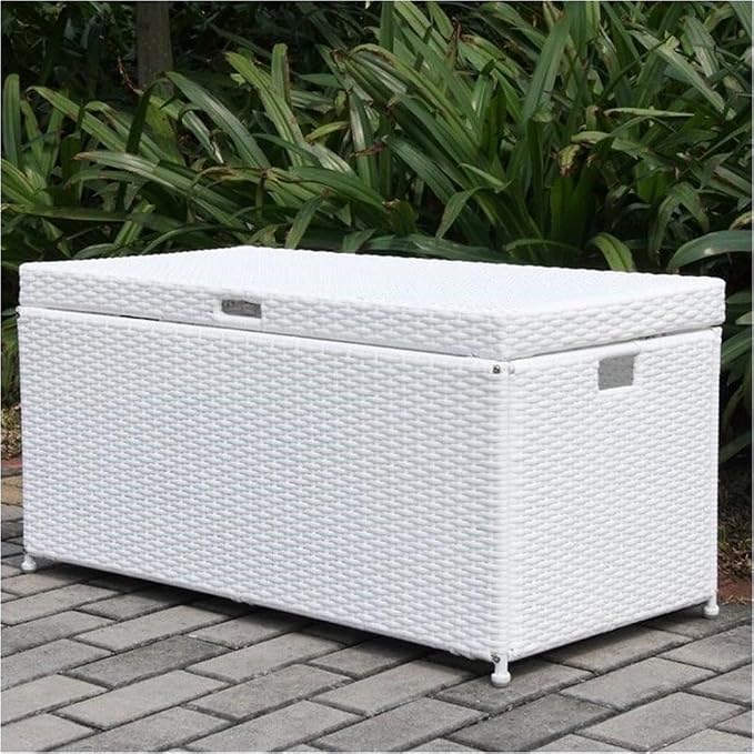 BOWERY HILL Wicker/Rattan Patio Storage Deck Box, 40" W x 20" D x 20" H, Steel Frame, White Finish, Resin Panels, Hinged Top Lid with Chain Stopper, Handles for Portability, Indoor/Outdoor Use
