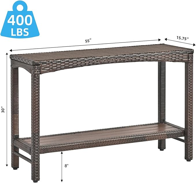 Outdoor Console Table Patio Buffet Bar Storage Organizer 55" Long Wicker Sofa Serving Sideboard Table 2-Shelf Outdoor Narrow Bar Table Tall Rectangle with Adjustable Feet for Entryway Brown