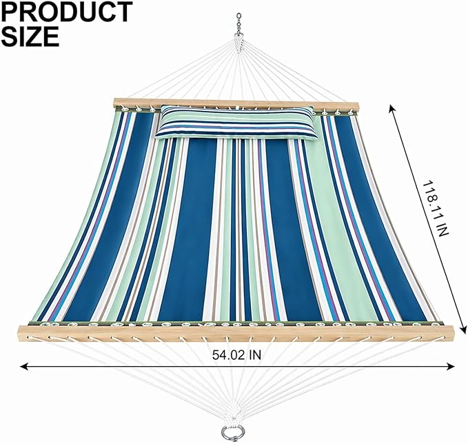Outdoor Double Hammock with Pillow and Carry Bag, Colorful Stripes | Pure cotton breathable, fade-resistant fabric, 550 lbs Capacity