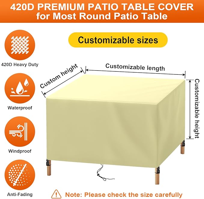 Patio Furniture Cover Rectangle 56"(L) x 56"(W) x 40"(H), Custom Heavy Duty 420D Waterproof Outdoor Cover with Drawstring & Buckles for Table Chair Garden, Cream