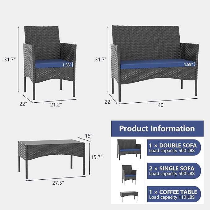 4 Pieces Outdoor Patio Furniture Sets,Wicker Conversation Set with Coffee Table,Loveseat and Wicker Patio Chairs with Soft Cushion for Porch, Garden, Lawn(Navy Blue)