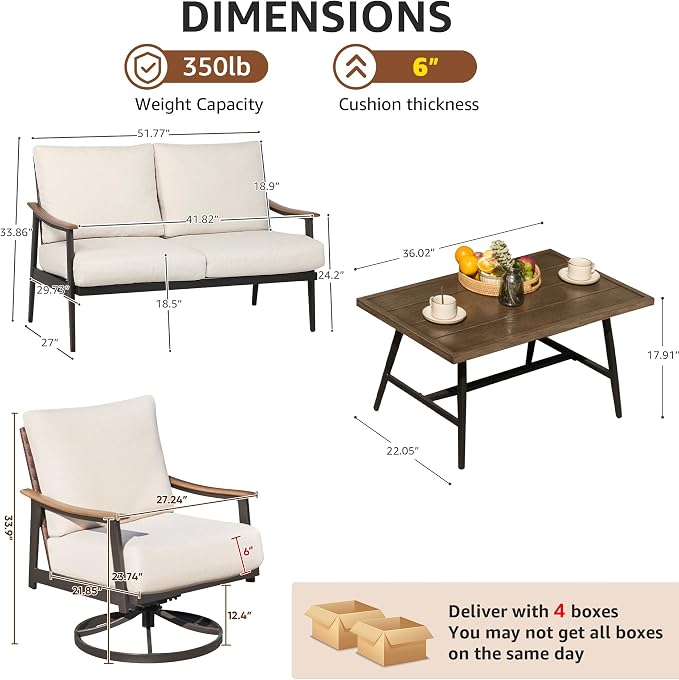 NATURAL EXPRESSIONS Patio Conversation Sets for 4, Wicker Patio Furniture Set with 6" Olefin Cushions, Outdoor Furniture Set with for Patio, Garden, Backyard