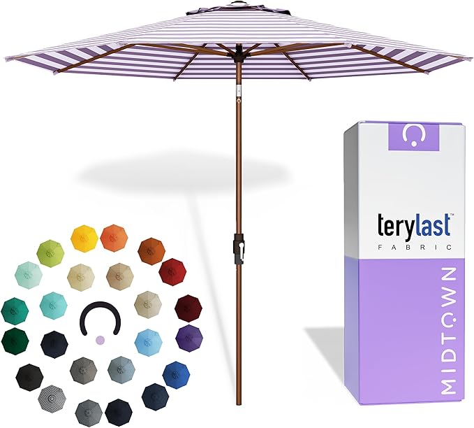 Midtown Umbrellas Wooden 2-8 Ft Patio Umbrella with 360° Swivel & Tilt Mechanism, 8 Fiberglass Ribs & Terylast Polyester Fabric for Deck, Pool, Garden & Porch - Midtown Stripes Canopy, Wooden Pole